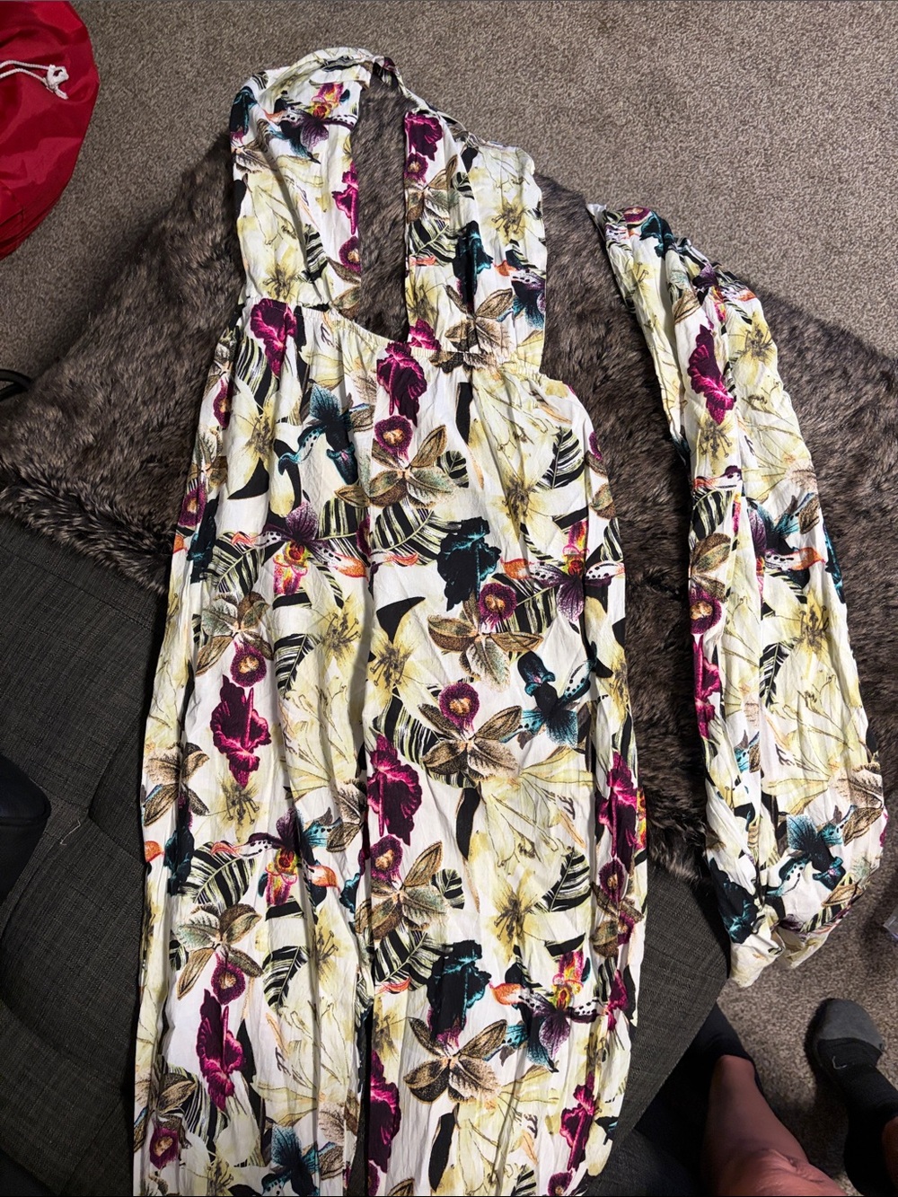 Lovers + Friends White Floral jumpsuit with Magenta, Teal & Yellow Accents